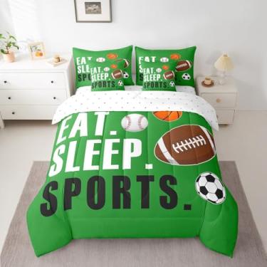 Imagem de Conjunto de edredom esportivo de tamanho completo, para meninos e meninas, presente ultramacio, futebol, basquete, beisebol, respirável, leve, microfibra, bola verde, decoração de quarto de jogos
