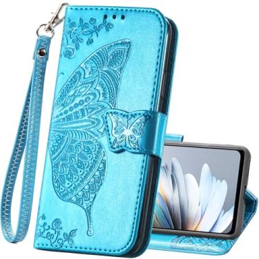 Imagem de Capa carteira para T-Mobile REVVL 8 Pro 5G, capa protetora de couro PU flip alça de pulso compartimentos para cartão bolso em relevo borboleta flor suporte capa para T-Mobile REVVL 8 Pro 5G azul
