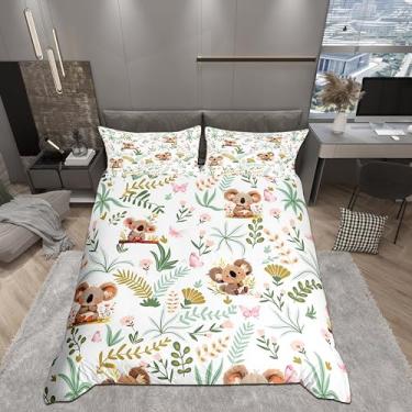 Imagem de Homewish Jogo de cama solteiro com desenho coala, fofo, marrom, animal selvagem, branco, para crianças, meninas, kawaii, coala, rosa, borboleta, boho, conjunto de capa de cama para decoração de quarto
