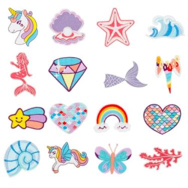 Imagem de 16 peças de adesivos de sereia de ferro em massa, decorativos, coração de estrela, costurado, aplique bordado para crianças, meninas, roupas, artesanato faça você mesmo