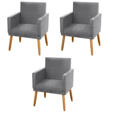 Imagem de Kit 03 Poltronas Decorativas Lauren Pés Palito Suede Cinza - Desk Design