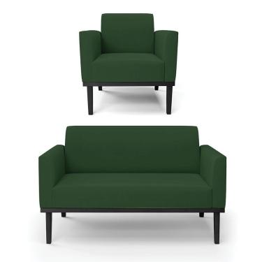 Imagem de Sofá Namoradeira Com Poltrona Base De Madeira Fixa Preto Marisa Veludo Verde D03 - D'Rossi