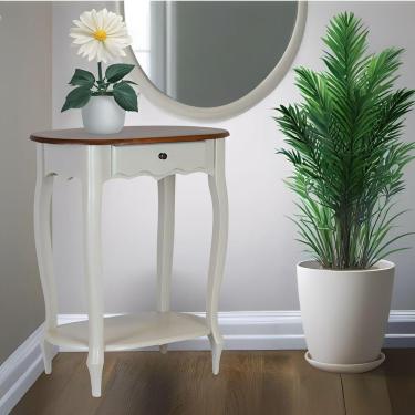 Imagem de Mesa De Apoio Oval Clássica Decorativa De Madeira Com Pés Luiz Xv - Branco Laca Com Tampo Imbuia Glazer