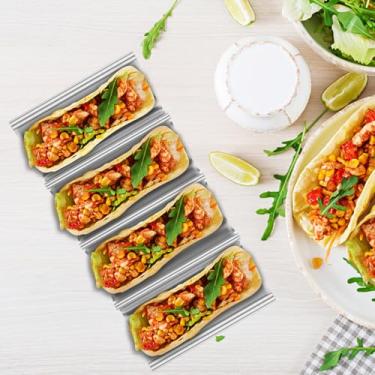 Imagem de 3 peças de suporte de taco de aço inoxidável, bandeja de suporte de taco que mantém as conchas verticais, até 4 tacos cada - pode ir ao forno, grelha e lava-louças