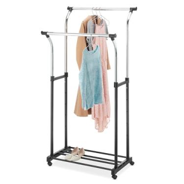 Imagem de Whitmor Suporte para roupas com hastes duplas, suporte para pendurar roupas, suporte de guarda-roupa portátil, suporte ajustável com rodas, preto e prata