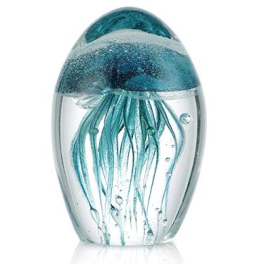 Imagem de Sanbege Estatueta de água-viva de vidro soprado à mão, peso de papel que brilha no escuro, estátua de criatura marinha colecionável para casa, escritório, decoração de festa e presente (turquesa)