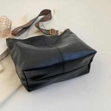 Imagem de Bolsa transversal de alça larga ajustável – Bolsa de ombro feminina elegante de grande capacidade - PRETA