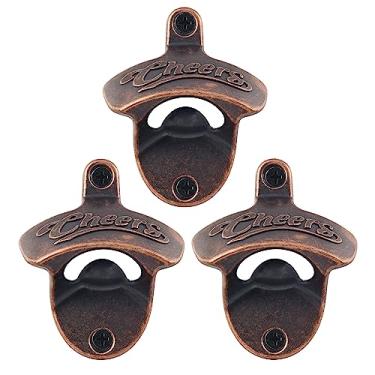 Imagem de HAIICEN Abridor de garrafa de cerveja antiquado montado na parede abridor de tampa de garrafa Cheers abridor de cerveja de cobre antigo montado (3 pacotes)