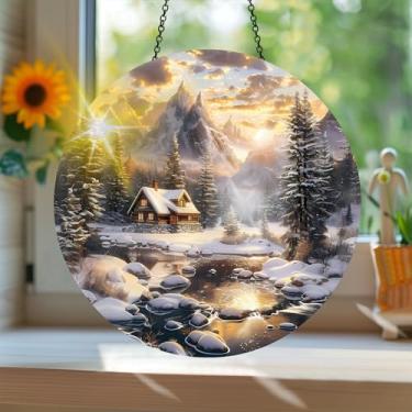 Imagem de Apanhador solar de acrílico colorido, apanhador de sol estilo vitral impresso em paisagem com reflexos de arco-íris, arte de parede para decoração de janela suspensa, ornamentos de Natal para uso