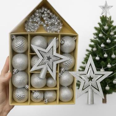 Imagem de Kit Enfeites Natalinos Peças para Árvore e Guirlanda Bolas Estrela Ponteira Prateado Natal 4cm