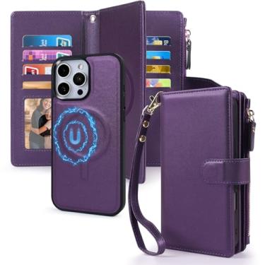 Imagem de CMIDUS Capa magnética para iPhone 13 Pro Max, carteira compatível com suporte de cartão Magsafe com bloqueio de RFID, capa de telefone removível, alça de pressão, bolso com zíper, couro PU de 6,7