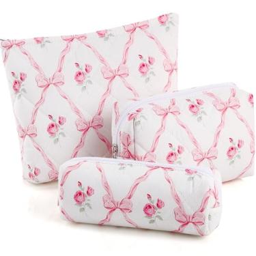 Imagem de Paterr 3 peças de bolsa de maquiagem acolchoada para mulheres com laço floral fofo conjunto de bolsa de cosméticos organizador de estética kit de emergência para viagem de higiene pessoal bolsa de