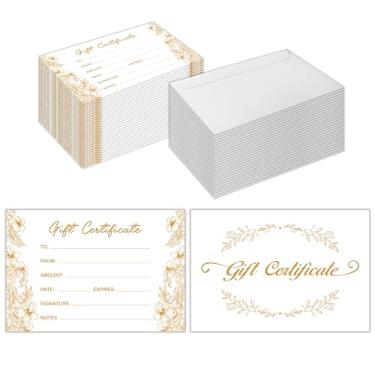 Imagem de 50 peças de vales-presente para empresas, cartões de presente dourados personalizados com envelopes para spa, salão, restaurantes, vouchers de cliente em branco de 10 x 15 cm