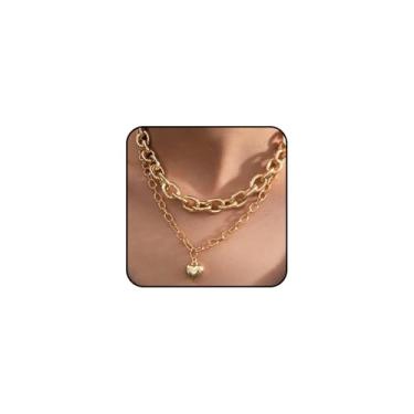 Imagem de Colar feminino com pingente de coração grosso em camadas douradas, berloque, prata, declaração de amor, corrente de elos grossos, joias modernas Y2K, presentes, Large, Metal, Sem Pedra Preciosa