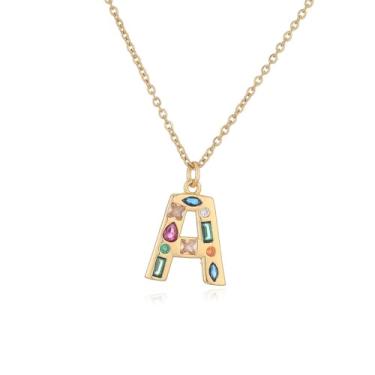 Imagem de LuvQaze Colar de zircônia colorida com inicial para mulheres, banhado a ouro 18 quilates, colar com pingente de letra e presente de aniversário para namorada, esposa, mãe, filha, Banhado a ouro, Sem