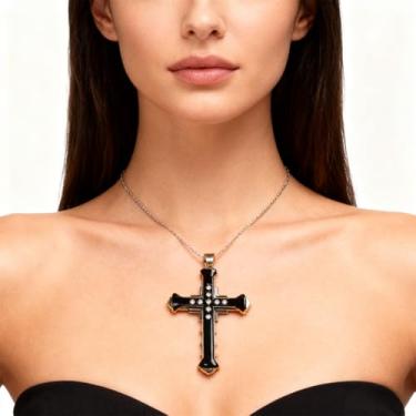 Imagem de Colar masculino de cruz de aço de titânio, colar de liga cruzada, com corrente de elos de bambu de camada dupla para presente de joias masculinas, One Size, Metal, Sem Pedra Preciosa