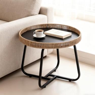 Imagem de Conjunto de 2 mesas de centro pequenas, mesas laterais redondas com moldura de metal, mesas de canto modernas para sala de estar, quarto, escritório e varanda (marrom, 50 cm)