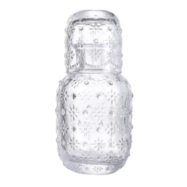 Imagem de Conjunto de garrafa de água e vidro de cabeceira retrô em relevo em forma de girassol, jarra noturna de cabeceira com vidro, jarra de leite de suco ou garrafas com tampa para sala de estar, mesa de