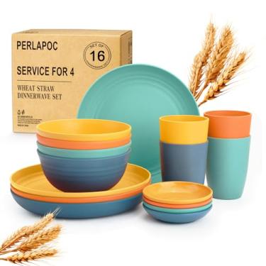 Imagem de Perlapoc Conjunto de louça de palha de trigo, pratos e tigelas inquebráveis com 16, conjunto de louça inquebrável para 4, conjunto de pratos seguros para lava-louças e micro-ondas - multicolorido