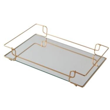 Imagem de Bandeja Sofia Dourada Decorativa de Metal e Base de Espelho 20x30cm para Organização de Ambientes