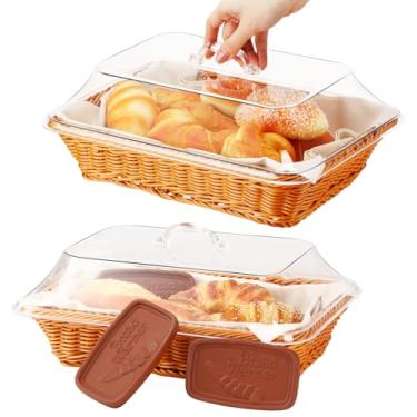 Imagem de LemonRoad Cesto aquecedor de pão de 35 x 25 x 15 cm com conjunto de pedras de aquecimento, inclui toalha de linho, 2 cestas de pão com tampa, 3 pedras para aquecer alimentos no outono, dia de Ação de