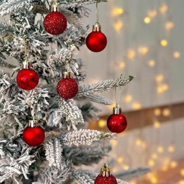 Imagem de Pacote com 24 enfeites de bola de Natal vermelhos (30 mm / 1,18 polegadas) - acabamentos variados inquebráveis (brilhante, fosco, glitter) - Pequenos enfeites festivos para mini árvores, grinaldas