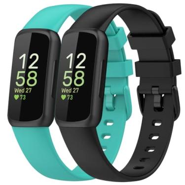 Imagem de Pacote com 2 pulseiras compatíveis com Fitbit Inspire 3, pulseira de substituição esportiva ajustável de silicone macio de 15,4 mm de largura para mulheres e homens (preta/azul-petróleo, pequena)