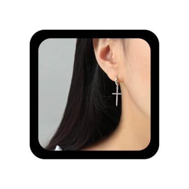 Imagem de Ximdble Brincos vintage com pingente de cruz religiosa, argola pequena, argola de prata, joia feminina