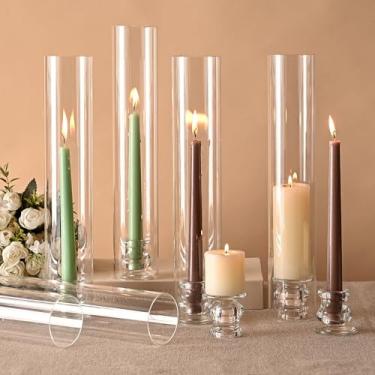 Imagem de Castiçais de vidro Hurricane com castiçais, conjunto de 6 tampas de cilindro transparentes altas para velas cônicas, conjunto de castiçais de chaminé de vidro de 35 cm para centros de mesa de