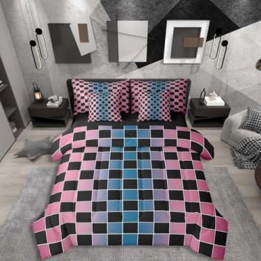 Imagem de Erosebridal Jogo de cama solteiro xadrez preto, 7 peças, azul, rosa, ombré, em uma bolsa com lençóis, xadrez, buffalo, para crianças e adultos, conjunto de cama de guingão