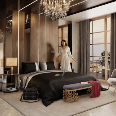 Imagem de Stoa Paris Conjunto de capa de edredom de cetim California King Size com fronhas, leve, respirável, resistente ao encolhimento, conjunto de cama ultra macio com laços de canto seguros, coleção Vogue