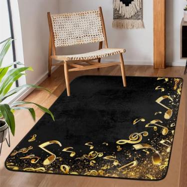 Imagem de Tapete de área para sala de estar, lavável à máquina, notas, música, dourado, antiderrapante, tapete macio, para sala de estar, quarto, sala de jantar, berçário, cozinha, decoração de casa