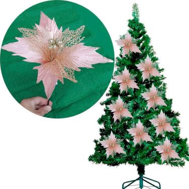 Imagem de Flores árvore De Natal Rosa Com Gliter Dourado 23cm Kit 8pç