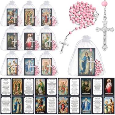 Imagem de Sayglossy Conjunto de 30 presentes religiosos católicos, cartão de oração católica, santos e contas de rosário, presente de batismo de primeira comunhão, Bead