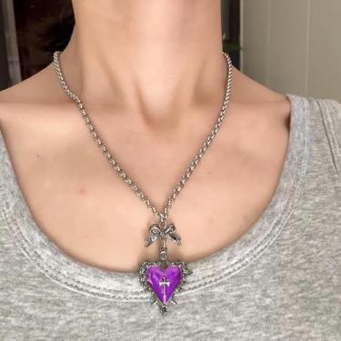 Imagem de Colar com laço gótico e coração para mulheres, pingente de laço preto, corrente pendente, vermelho, preto, roxo, joias presentes de amizade para mulheres, presentes de Natal, Dia dos Namorados, Medium