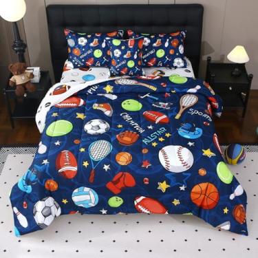 Imagem de JQinHome Conjunto de edredom esportivo solteiro para meninos, cama de 6 peças em uma bolsa, conjuntos de cama esportiva 3D - microfibra macia para todas as estações, com fronhas, edredom, lençol de