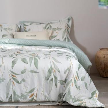 Imagem de OIKETI Conjunto de edredom botânico tamanho Queen - 100% algodão, estampa de folhas verdes sobre fundo branco, conjunto de edredom leve e macio, 3 peças (1 edredom reversível e 2 fronhas)