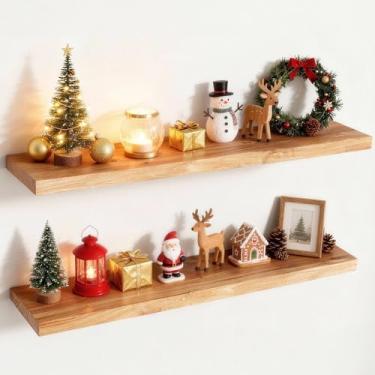 Imagem de Prateleiras flutuantes de madeira rústica de olmo para parede, borda plana 91 cm L x 23 cm P x 3 cm A, conjunto de 2 com suporte invisível, prateleiras de armazenamento montadas na parede para sala de