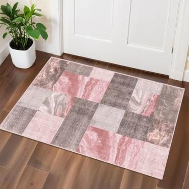 Imagem de 2 × 3 tapetes laváveis para área de entrada, tapetes antiderrapantes modernos geométricos abstratos, tapete de alto tráfego para banheiro, capacho, cozinha, rosa Sakura