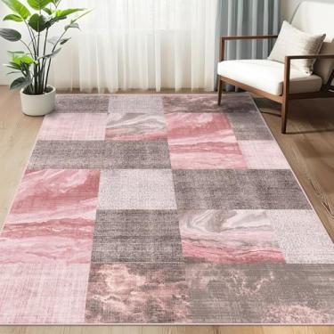 Imagem de Tapetes de área abstrata geométricos modernos laváveis 3 × 5, suporte antiderrapante com carpete de alto tráfego para quarto, sala de estar, escritório, sala de jantar, casa de fazenda, rosa Sakura