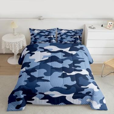 Imagem de jejeloiu Conjunto de edredom camuflado, tamanho casal, para crianças, meninos, meninas, estilo militar, edredom azul escuro, 3 peças com 2 fronhas