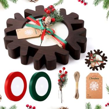 Imagem de Potchen 1 conjunto de velas de madeira tigela de Natal de madeira rústica para massa de Natal com rótulo de frutas e pinheiro para decoração de mesa de fazenda de Natal, 30 x 25 x 5 cm (floco de neve)