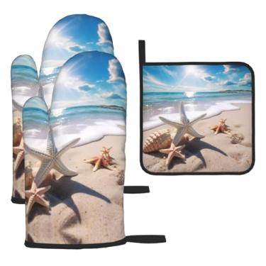 Imagem de Conjunto de cozinha essencial com estampa de praia com 3 peças, luvas e aderência para tampa, proteção para churrasco no forno, design de armazenamento suspenso.