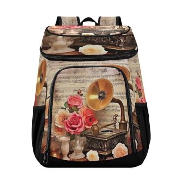 Imagem de Wassud Mochila térmica vintage com isolamento de gramofone e rosas para mulheres e homens, 36 latas à prova de vazamento, lancheira para piquenique, praia, acampamento, 33 x 20 x 43 cm