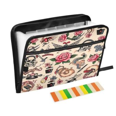 Imagem de Wassud Roses and Skulls, organizador de arquivos sanfonados, 13 bolsos, pastas expansíveis com abas e adesivos, tamanho carta A4, papel para recibos, documentos, pastas organizadoras para viagens de