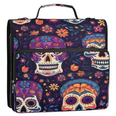 Imagem de Wassud Pasta organizadora expansível mexicana de caveiras de açúcar com 3 anéis com alça de ombro e alça de vários bolsos