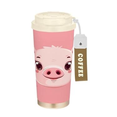Imagem de YETTASBIN Caneca de café com isolamento térmico Pig de 482 g com tampa canudo, copo à prova de derramamento e vazamento com alça para bebida quente e fria, garrafa de água de aço inoxidável