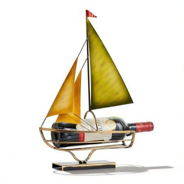 Imagem de FJSPERM Veleiro de metal para bancada – Suporte decorativo de garrafa de vinho para mesa de jantar, escultura de barco, suporte de vinho, decoração náutica de casa (dourado e verde)