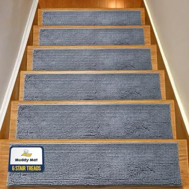 Imagem de Muddy Mat Pacote com 6 - Degraus de escada de chenille macios antiderrapantes reutilizáveis, super absorventes para degraus de madeira, piso de azulejo e mármore, fácil de instalar e lavável na