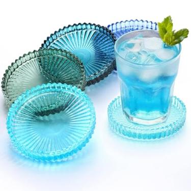 Imagem de Queekay Conjunto de 4 porta-copos de vidro colorido vintage porta-copos de vidro para bebidas decoração de mesa de centro para escritório, cozinha, bar, sala de jantar, sala de estar, pátio (série